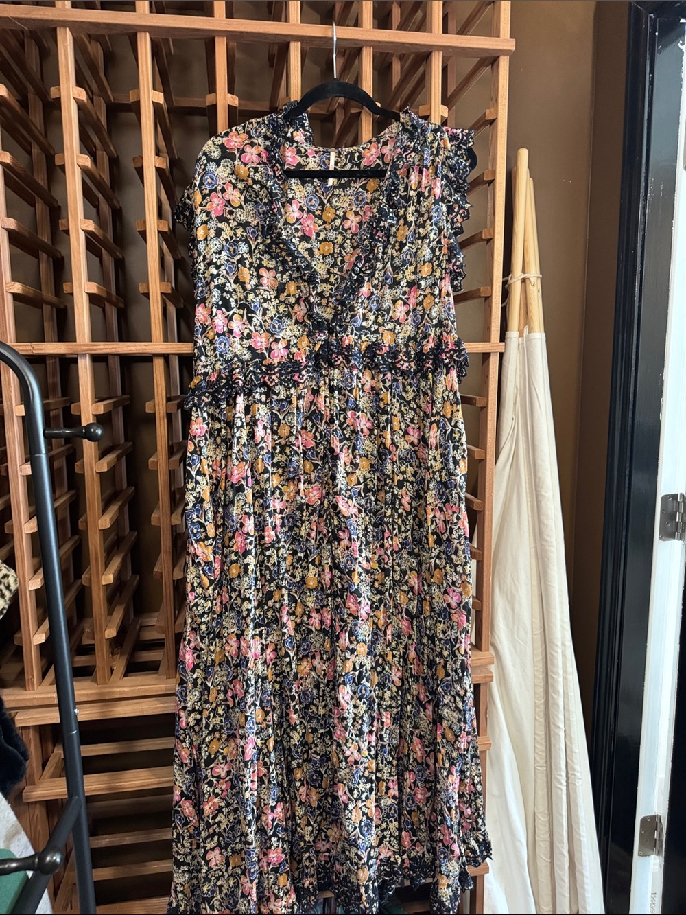 Free People Black Floral Maxi Dress with Pink and Yellow Accents